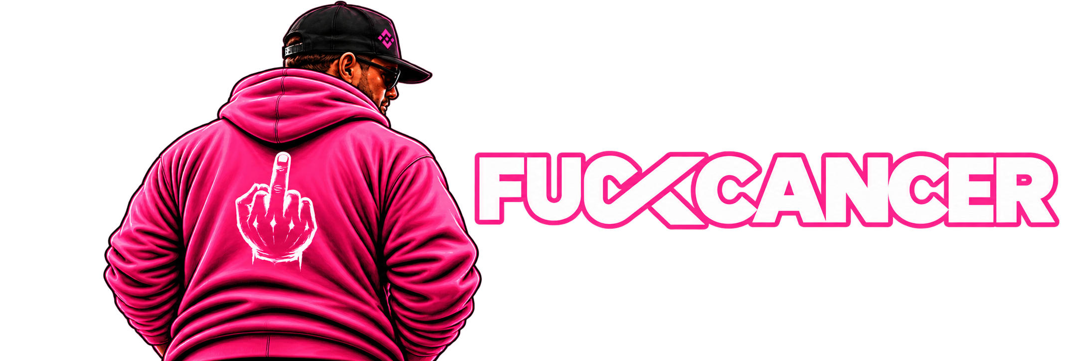 Pink FUCK CANCER hoodie with middle-finger graphic next to the FUCK CANCER logo